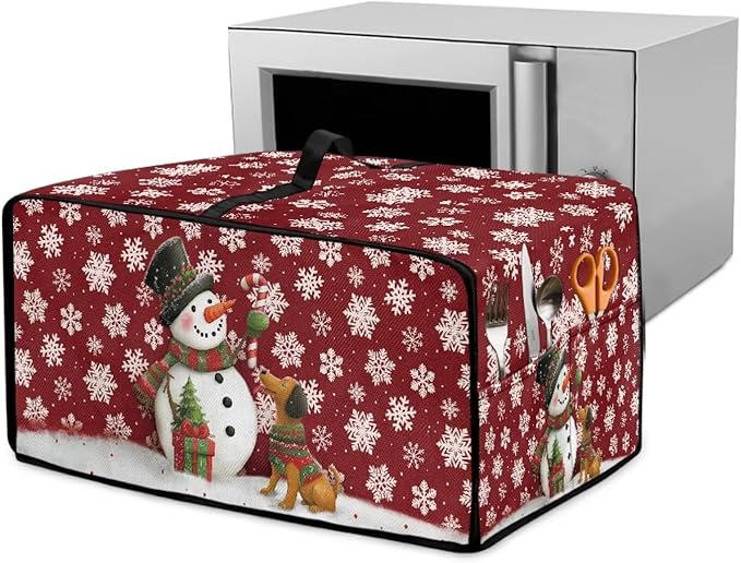 Toaster Oven Dust Cover with Storage Pockets, Protective Decorative Smart Oven Cover for for Kitchen Countertop, S, Snowman Dachshund Dog Snowflake Red Christmas Decor
