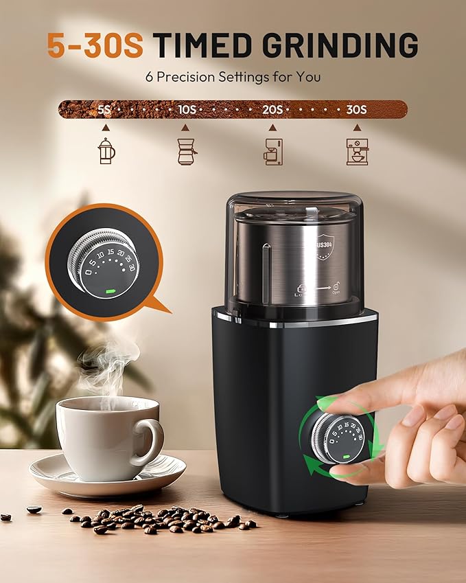 CEVING Hands-Free Blade Coffee Grinder, Cordless Coffee Mill with 5-30S Adjustable Grinding, Triple-Lock Safety & 1500mAh Rechargeable Battery with Removable Bowl, Portable for Camping, Travel, etc.