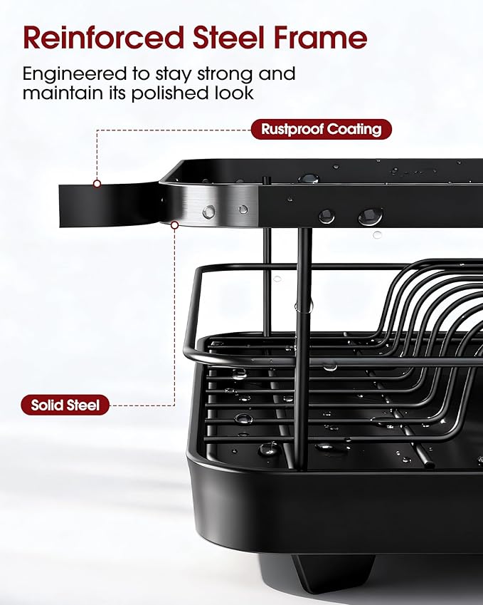 Sakugi Stainless Steel Dish Drying Rack for Kitchen Counter, Sink Organization and Storage Essentials with Silverware & Utensil Holder, Home and Apartment Decor, 12''W x 15.5''L, Black