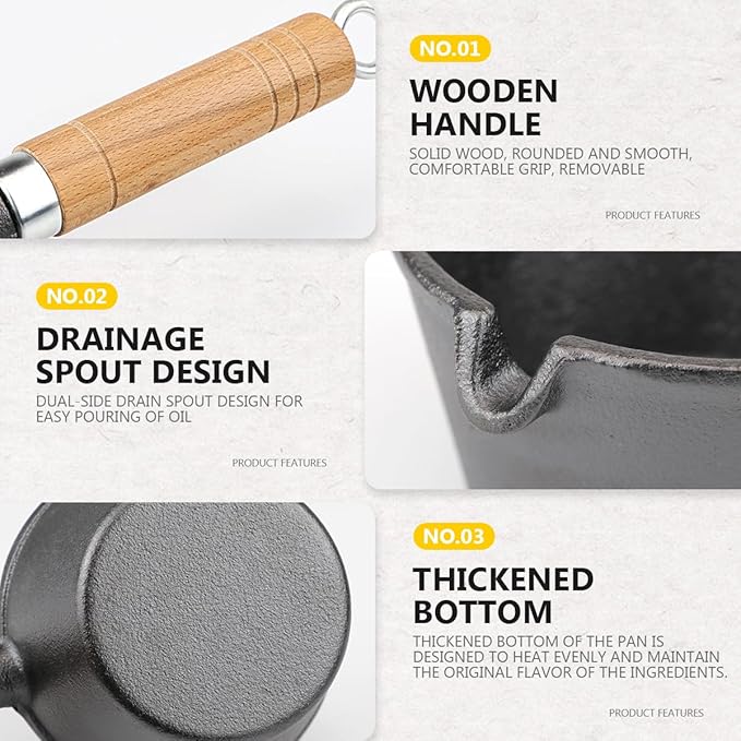 Cast Iron Pot, Egg Frying Pan Butter Warme Iron Oil Heating Pot with Wooden Handle for Kitchens Cooking, 4.3x10.8 Inch