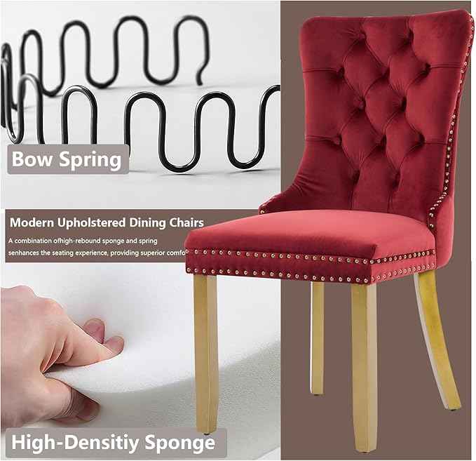 Velvet Dining Chairs Set of 2, Modern Tufted Dining Room Chair, Upholstered Dining Chairs with Lion Head Pulls Ring and Golden Solid Wood Legs, Luxury Kitchen Chairs for Dining Room, Burgundy