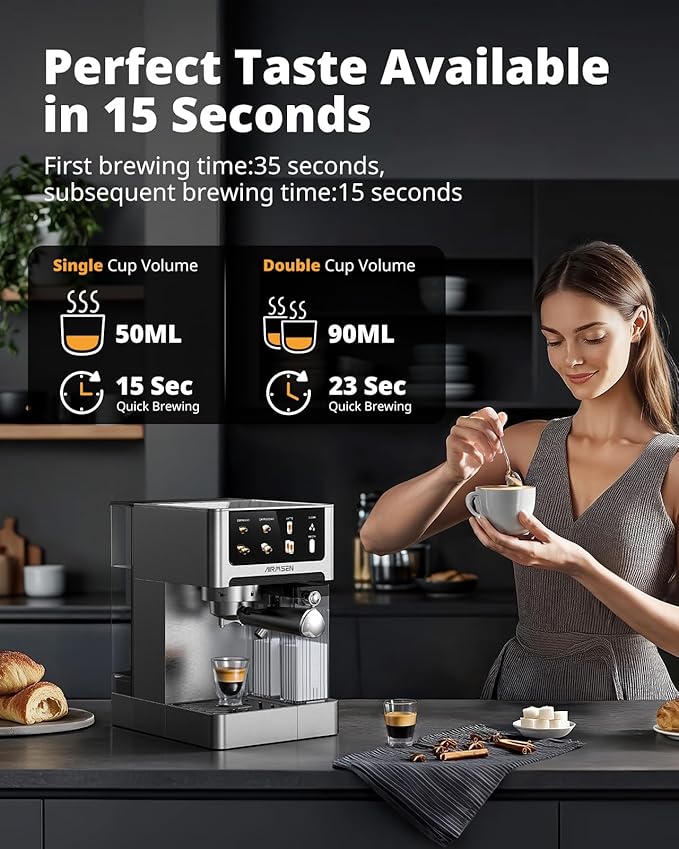 AIRMSEN 20 Bar Espresso Machine with Automatic Milk Frother, Cappuccino & Latte Coffee Maker with Quick Brew Dual Boiler (1350W + 1000W), Stainless Steel, 60oz Water Tank, Touchscreen
