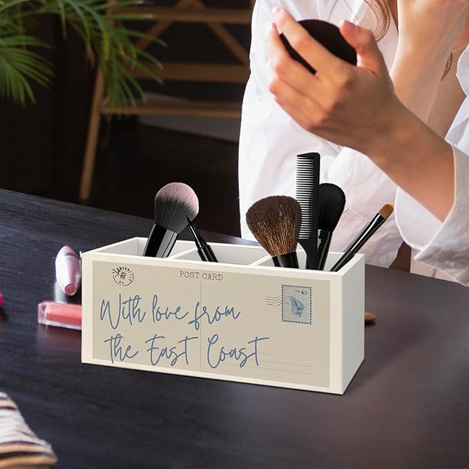 With Love From the East Coast Coastal Wooden Utensils Holder, Vintage Postcard Blue Beachy Wood Cooking Utensil Holder Organizer for Kitchen Countertop Counter Decor Accessories