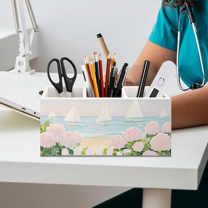 Pastel Pink Coastal Hydrangeas Wooden Utensils Holder, Aesthetic Beach Nautical Sailboat Seascape Wood Cooking Utensil Holder Organizer for Kitchen Countertop Counter Decor Accessories