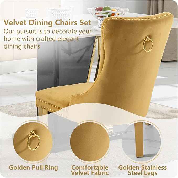 Gold Velvet Dining Chairs Set of 4, Kitchen & Dining Room Chairs, Tufted Upholstered Dining Room Chair, Back Ring Pull Trim, Golden Stainless Steel Legs, Gold