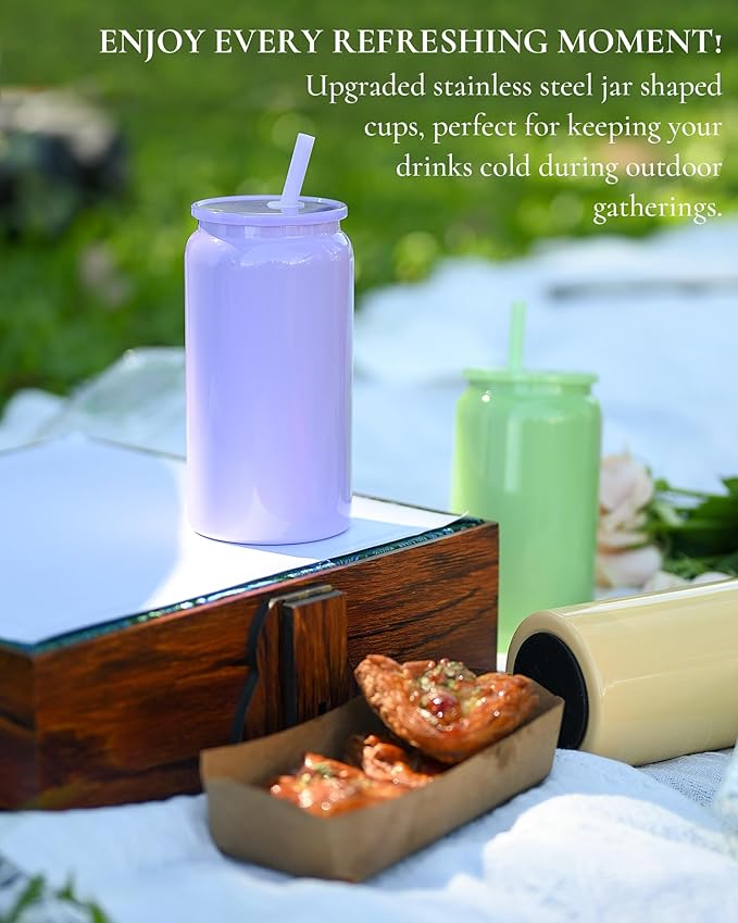 Glass Cups with Lids and Straws, 16oz Stainless Steels Cups, Beer Cups, Iced Coffee Cup, Smoothie Cup, Sublimation Tumbler, Cyan (Smooth Polished Finish, Sublimatable)