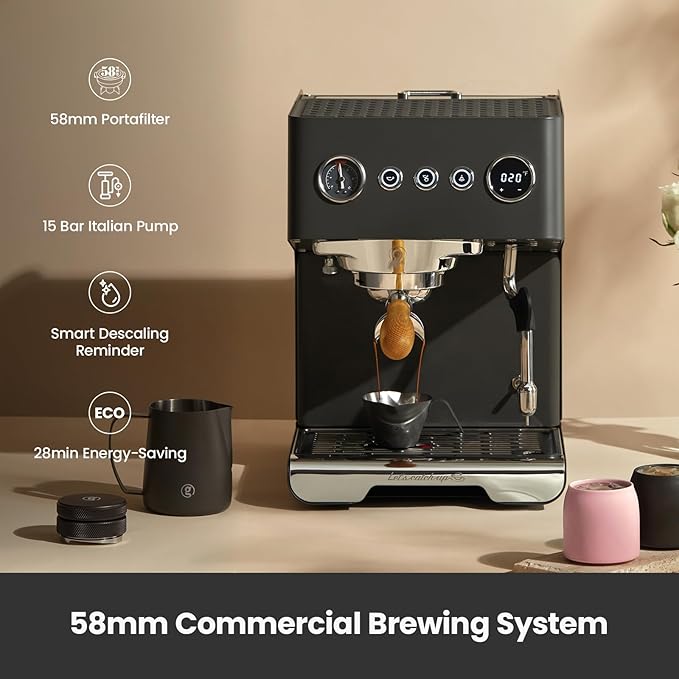Gemilai G3028A Espresso Machine, 15 Bar Professional Coffee Maker with Adjustable Pressure & Automatic Milk Frother, Dual PID & 550ml Boiler, 57oz Tank, Stainless Steel for Cappuccino, Latte Grey