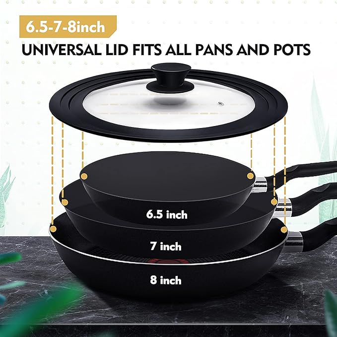 Ydeapi Universal Lid for Pots, Pans and Skillets, Pot Lid With Heat Resistant Silicone Rim and Tempered Glass,Fits 6.5", 7", 8" Diameter Pots and Pans