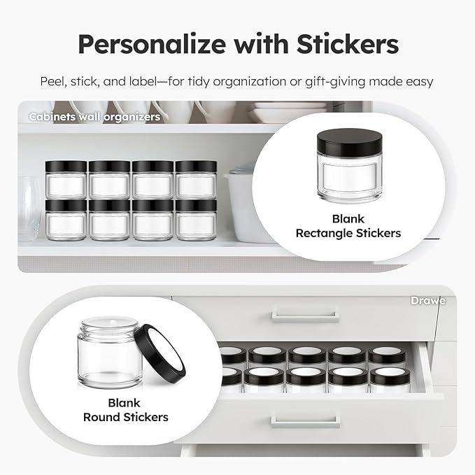 2 oz Glass Jars with Lids, 36 Pack Clear Small Glass Jars with Black Lids Leakproof Round Airtight Empty Cosmetic Travel Containers with Inner Liners For Lotions Powders and Candle Making