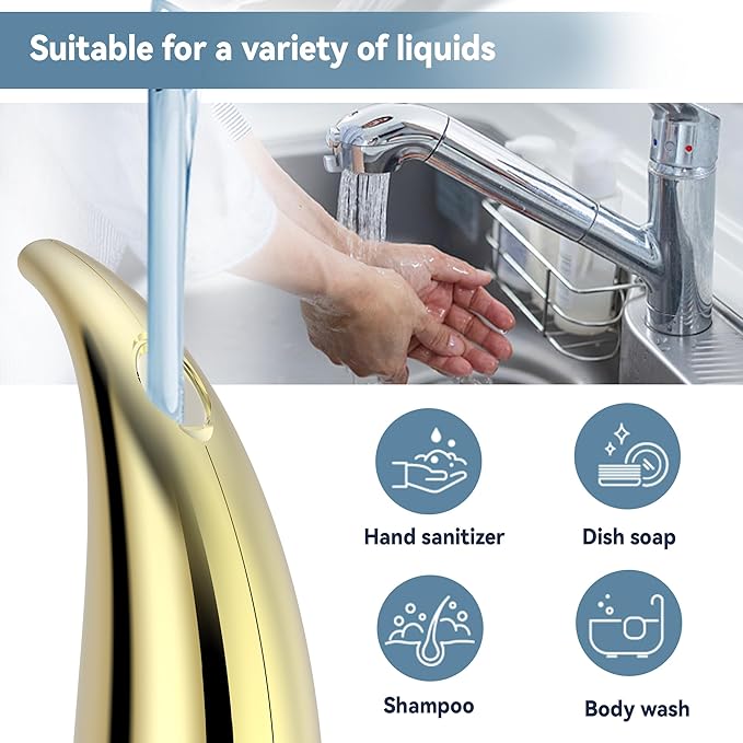 Automatic Soap Dispenser with Infrared Sensor - Adjustable 4-Level Touchless Hand Soap for Kitchen, Bathroom - Battery Operated Electric Dispenser, Durable Plastic, Smart Soap Holder (Gold)