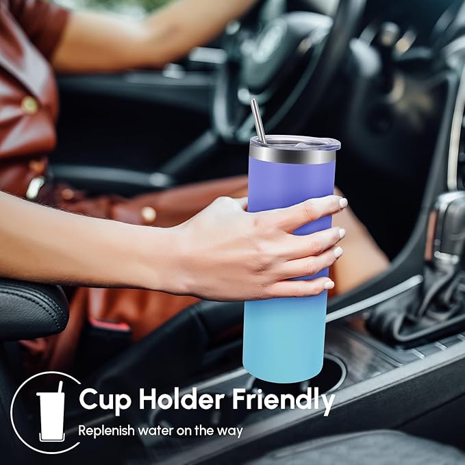 Volhoply 8 Pack Skinny Tumblers with Lid and Straw, 20oz Stainless Steel Straight Tumbler Bulk, Vacuum Insulated Coffee Mug for Home, Office, Travel, DIY (Purple Bule,8 Pack)