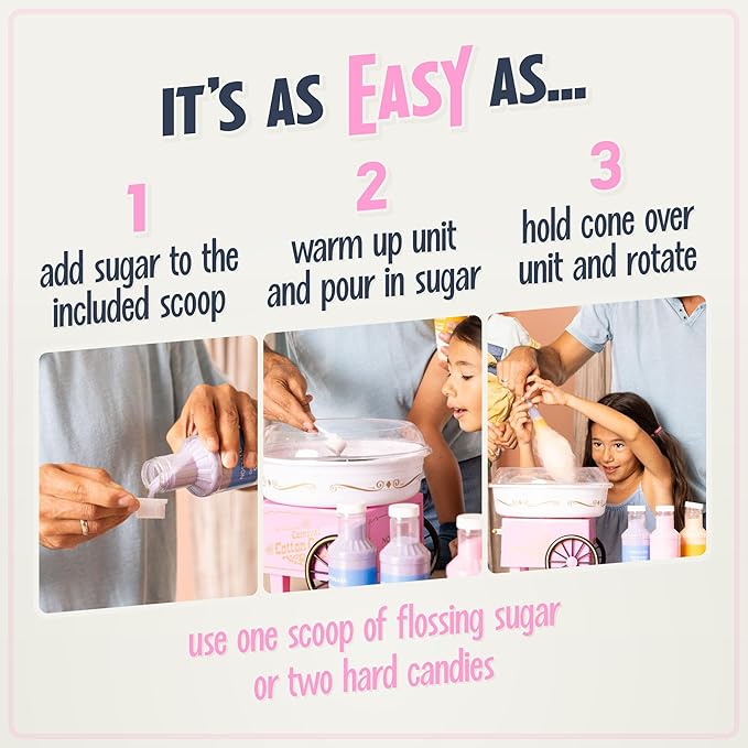 Nostalgia Vintage Hard and Sugar Free Candy Countertop Cotton Candy Maker, Includes 2 Reusable Cones And Sugar Scoop – Pink