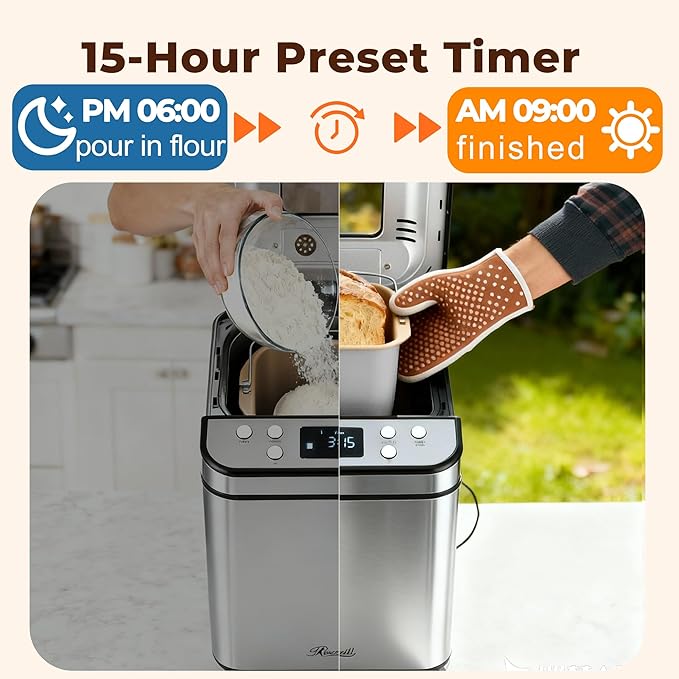 Rosewill 25-in-1 Automatic Bread Maker Machine with 3 Loaf Size up to 2 Lb, 700W High Power Dual Heater Bread Maker with BPA-free Nonstick Coating Pan, Max 15 Hours Delay Timer, Low Noise - Silver