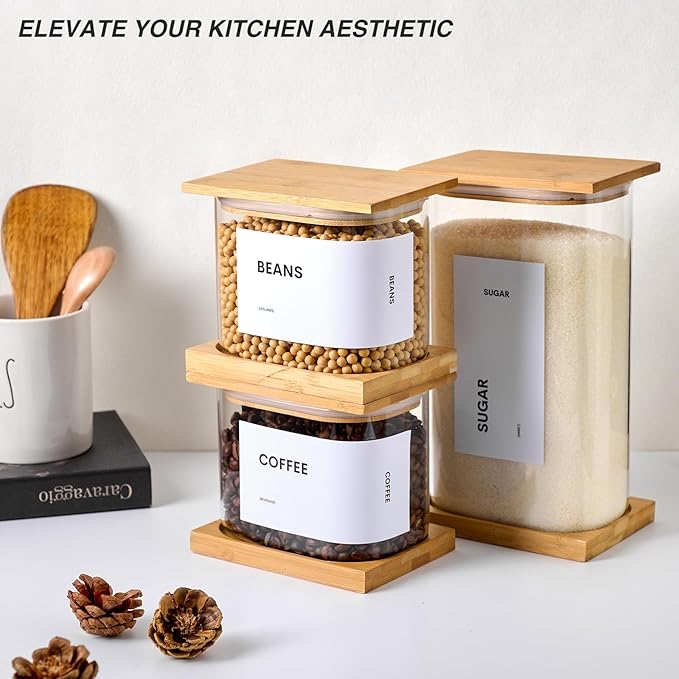 Glass Storage Jars with Bamboo Lids, 50oz Square Food Storage Containers for Kitchen Pantry Organization, Storage Canisters with Labels for Cereal Flour Beans Tea, Large Spice jars Seasoning Bottles