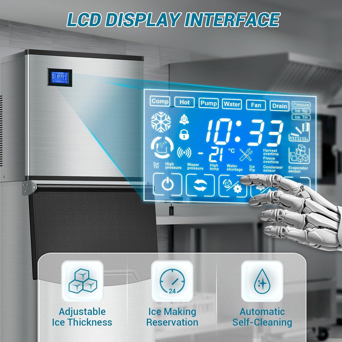 Large Commercial Ice Maker Machine: 500lbs/24H Production, with 350lbs Ice Storage Bucket, 156 Ice Cubes in 6-15 Mins - Stainless Steel Industrial Ice Maker for Restaurant, Bar, Cafe, Commercial Use