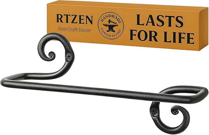 RTZEN Matte Black Hand Towel Holder for Bathroom - Handcrafted Farmhouse Wrought Iron Metal Kitchen Bar - Small Hand Towel Bar Hanger for Home or Office - Wall Mounted Rack Fits 10" Towels