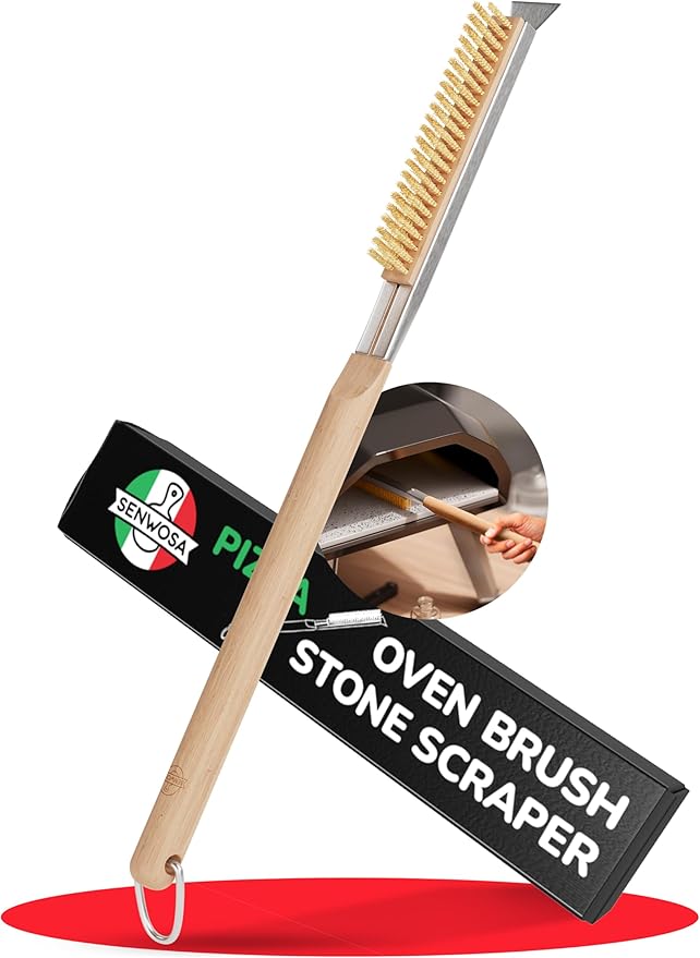 Senwosa 22” Pizza Oven Brush with Stone Scraper - Heat Resistant Stainless Steel Bristles, Long Handle - Compatible with Ooni, Gozney & Similar Ovens