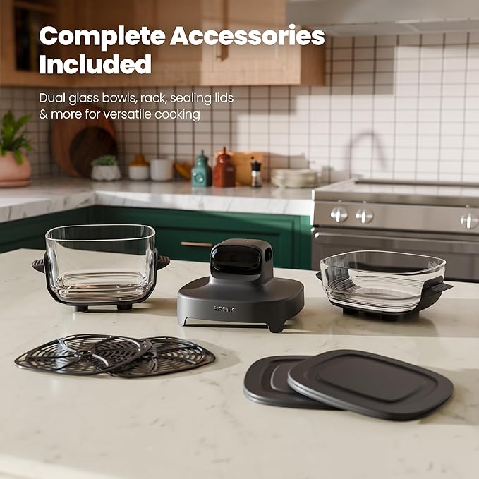 Kismile Glass Air Fryer, Upgraded 5-in-1 Portable Air Fryer with Dual Glass Bowls, 4.7QT & 2.6QT Containers & Lids, Adjustable Temp & Time, Freezer & Dishwasher Safe, Bake, Air Fry, Keep Warm & Crisp