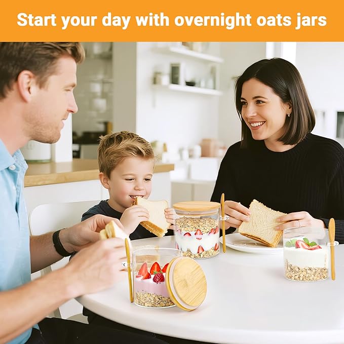 Glass Jars with Bamboo Lids Set of 4, 20 Fl.oz Round Glass Mason Jar with Airtight Lid and Spoon, Stackable Pantry Canister for Coffee, Sugar, Spice, Oats, Candy, Clear Loose Tea Containers