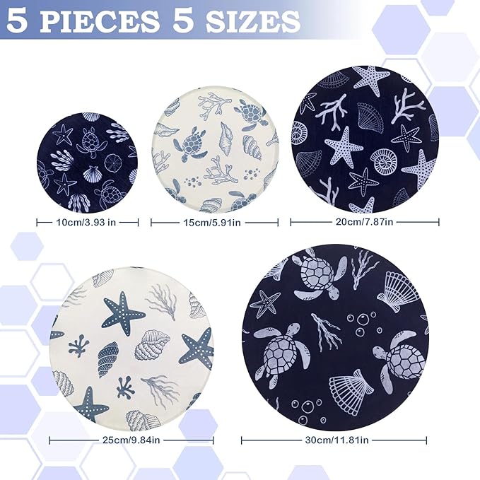 5-Size Reusable Beeswax Bowl Covers for Bread Proofing, Cotton Cloth Flexible Beeswax Wraps for Food Storage(Ocean Series)
