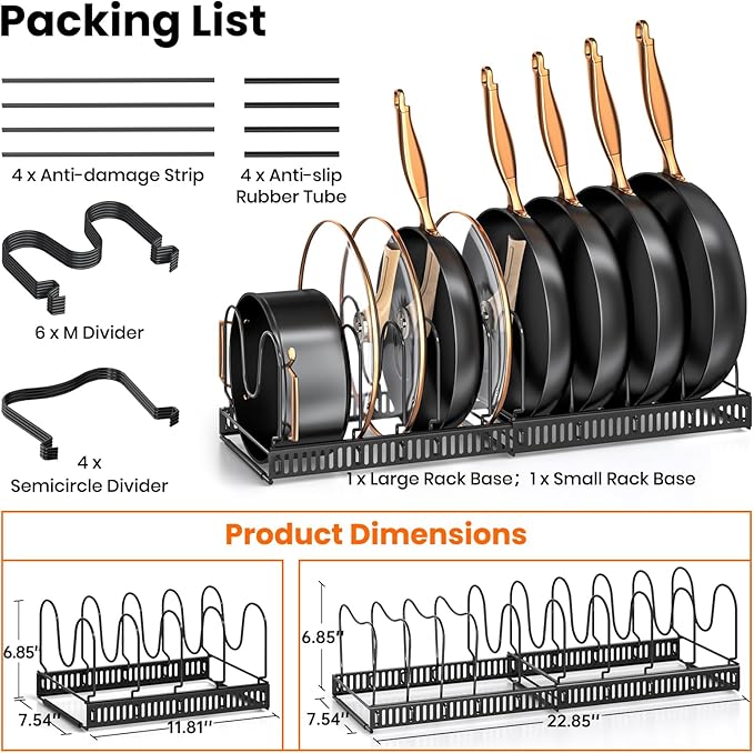 MUDEELA Pots and Pans Organizer Rack for under Cabinet, Expandable 11.81''-22.85'' Pot Lid Kitchen Cabinet Organizer Holder with 10 Adjustable Compartment Cutting Board Organizer for Pan Lid, Bakeware