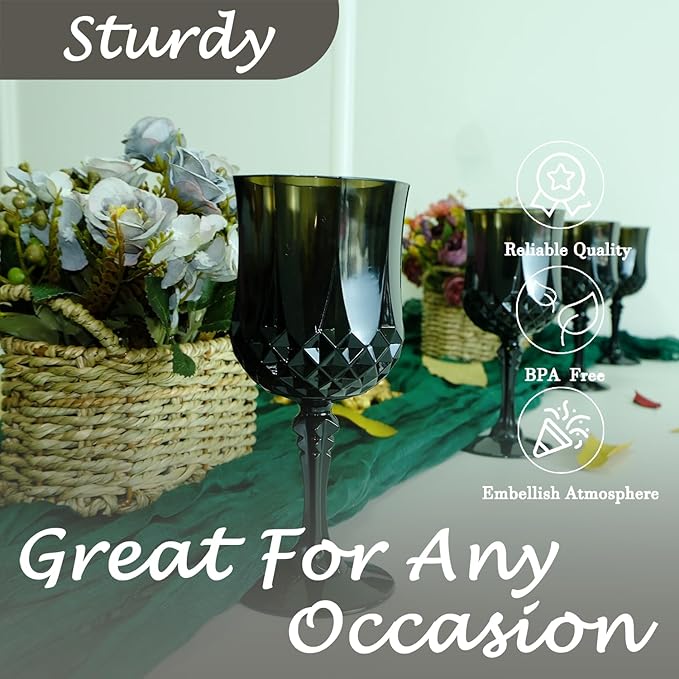 Plastic Wine Glasses, Plastic Goblets Vintage Style Cordial Unbreakable Drinking Glasses, Reusable Drinkware for Wedding Reception, Grand Event Party Supplies (48, Black)