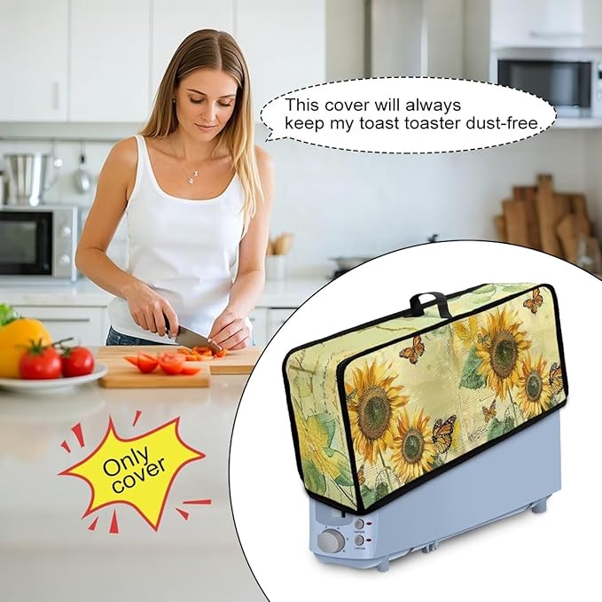 Sunflower Butterfly Toaster Cover Long Slot 2 Slice Slim Toaster Cover, Heat-Resistant Small Appliance Covers Dustproof Protective Covers for Furniture Decor