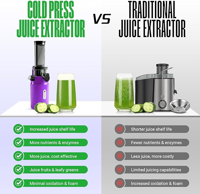 Ventray Ginnie Mini Cold Press Juicer, Small Slow Masticating Juicer for Vegetables and Fruits, High Juice Yield, Easy to Clean, Space-Saving, Fit for Personal/Travel/Picnic/Office - Purple