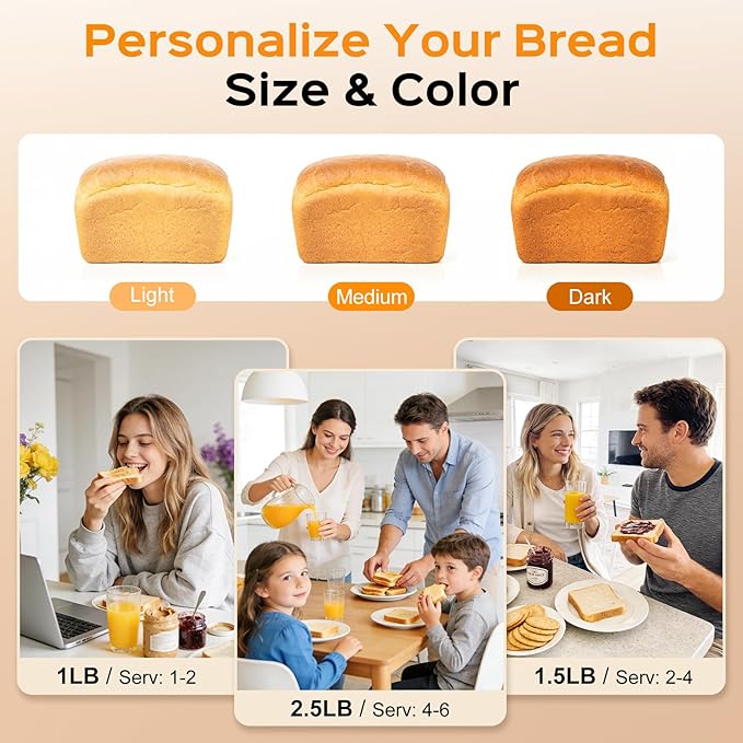 2.5LB Bread Maker with Built-in Electronic Scale, 25-in-1 Bread Machine, Beginner-Friendly with Adjustable Baking & Fermentation, Non-Stick Easy-Clean Pan, Quiet, 15H Delay, Recipes, Jet Black