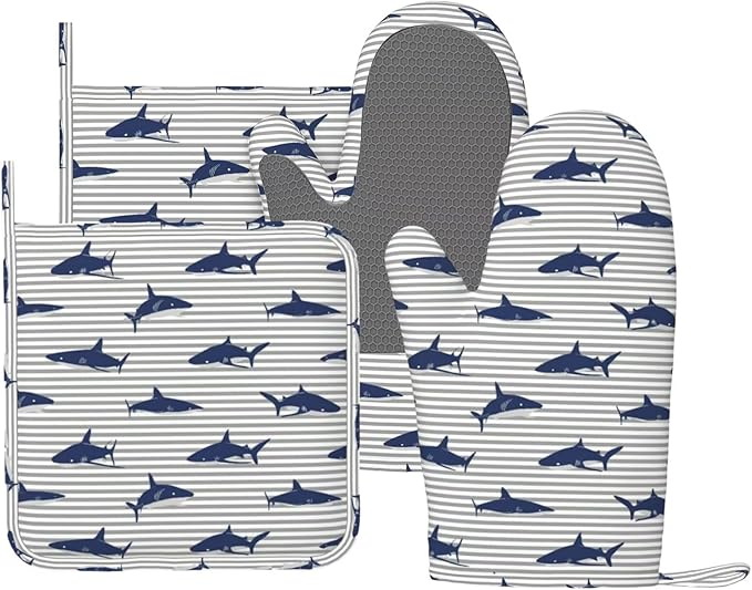 Sharks Oven Mitts and Pot Holders Sets Silicone Blue Shark Grey Stripes Kitchen Oven Mitts Hot Pads Heat Resistant Potholders Kitchen Mitts Set for Baking BBQ Cooking