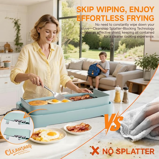Cleansnap Everyday Electric Griddle,The Ultimate Gift for Family Feasts - 20” Nonstick Grill with Foldable Anti-Mess Shield, Rapid 1700W Heat & PPG Ceramic Coating, Dishwasher Safe, Saga Blue