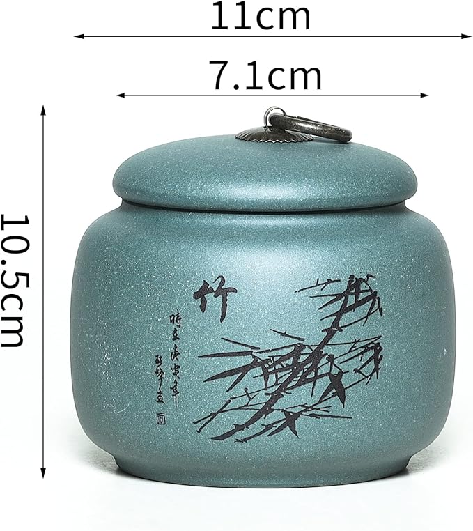 Yixing Clay Jar 17.5 Oz,Zisha Loose Leaf Tea Storage Canister Pot,Keep Bulk Tea Tidy and Fresh -Green, Bamboo