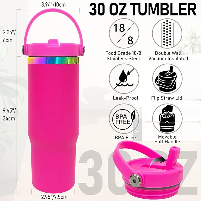 30 oz Tumbler Bulk with Handle and Straw, Vacuum Insulated Tumblers with Flip Straw and Top Handle, Leakproof Powder Coated Tumbler, Stainless Steel Travel Mug for Coffee Water (Rosy, 4 Pack)