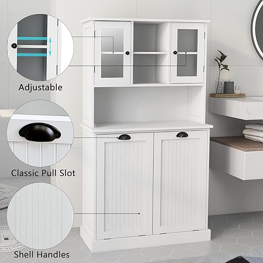RASOO Tilt-Out Laundry Cabinet White Tall Bathroom Storage Cabinet Laundry Hamper with 2 Baskets and 3 Cabinets Upper Glass Doors Storage Cabinet