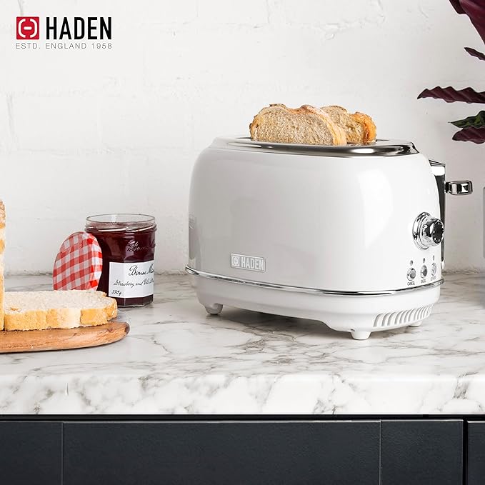 Haden Heritage 2 Slice Wide Slot Stainless Steel Toaster with Adjustable Browning Control & Non-Slip Feet, Ivory & Chrome