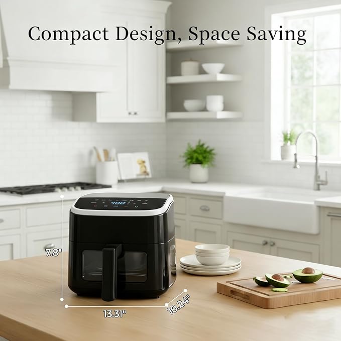 HealSmart 4 Qt Air Fryer with Visible Window, 8-in-1 Digital Airfryer with Interior Light, 1500W, Nonstick Dishwasher-Safe Basket for Fries, Bake, Wings, 60-Min Timer, Black