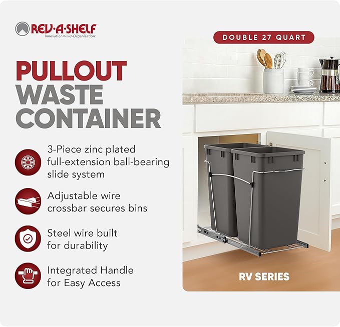 Rev-A-Shelf Pullout Trash Can for Kitchen Cabinets 27 Qt Garbage Waste Recycling Bin with Full Extension Slides, Orion Gray, RV-15KD-13C-S