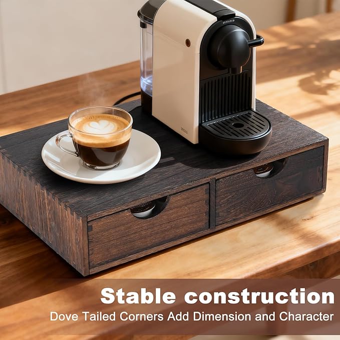 Wooden K Cup Organizer Coffee Pod Storage Box, Coffee Pod and Tea Bag Holder,Kcup Drawer Coffee Maker Stand,Home Kitchen Counter Holds Up to 30 Pods Capacity (2 Drawer) (Carbonized Black)