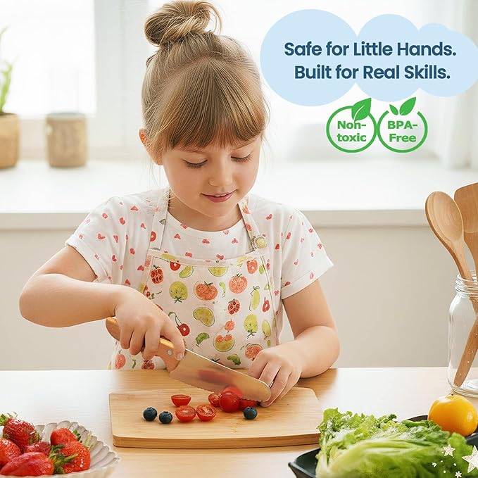 Kibbidea Kids Safe Knife set for Real Cooking, 11-Piece Kids Cutting Board & Kitchen Knife Set, BPA-free, Stainless Steel Blade, Wooden Handle, Peeler & Gloves, Serrated Child Friendly Chef Knives.