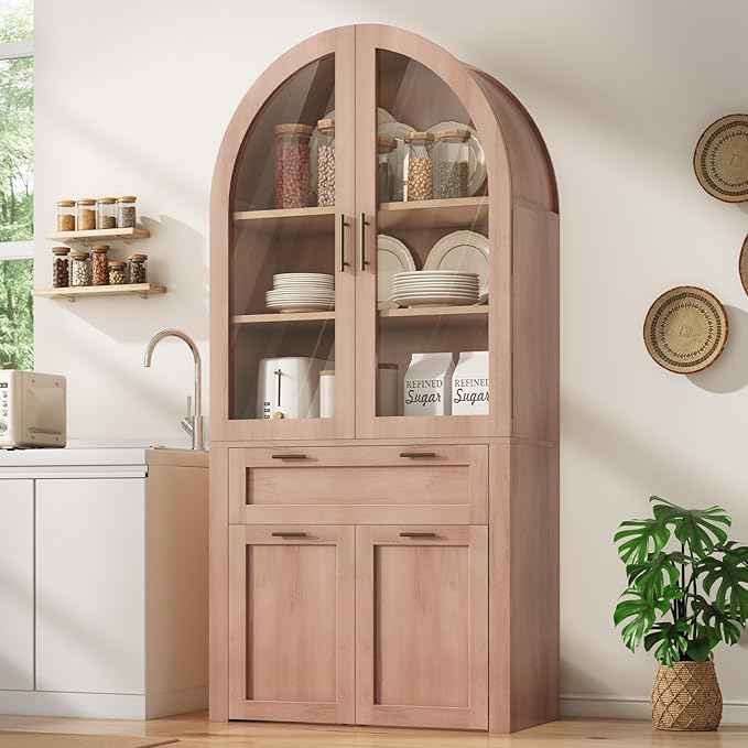 Itaar 71" Arched Kitchen Pantry Cabinet, Kitchen Storage Cabinets with 1 Large Drawer & Storage Cart 2 Tier & Door Shelves for Living Room, Dining Room, Natural Oak