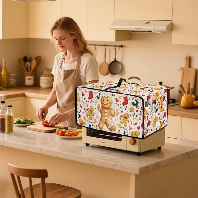 Countertop Convection Oven Cover Dust-Proof Toaster Oven Cover with Accessories Pockets, Countertop Convection Oven Protector, L, Gingerbread Man Christmas String Lights
