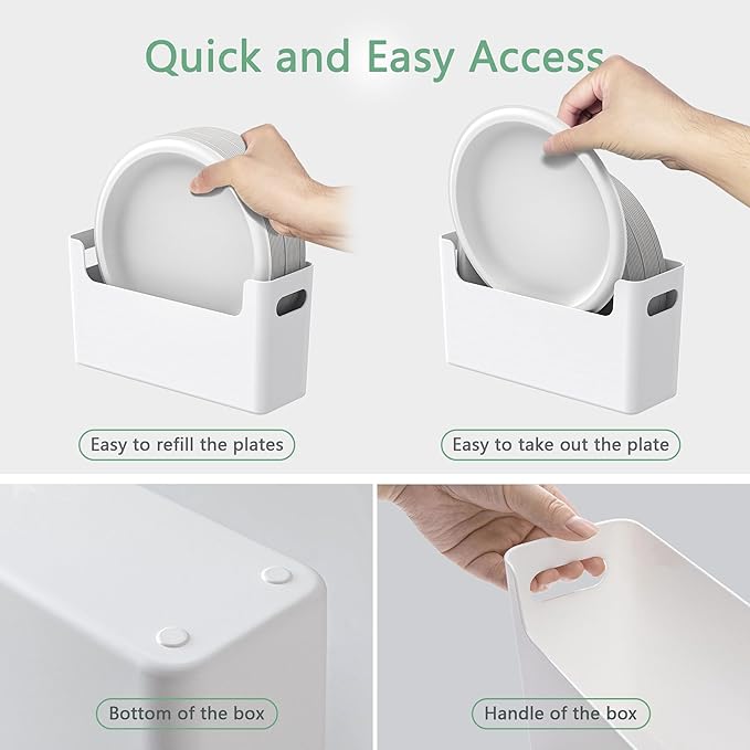 4Pcs Paper Plate Dispenser for 6-9.5 Inch Disposable Plates, Space-Saving Plastic, Foam and Paper Plate Storage Organizer for Cabinet, Countertop, RV or Outdoor (White)