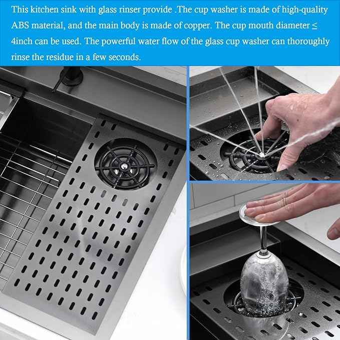 33 Inch Black Drop In Kitchen Sink Workstation with Glass Rinser -VOKIM 33x22 Drop In sink Workstation Stainless Steel 16 Gauge Deep Single Bowl Kitchen Sink with Cup Washer