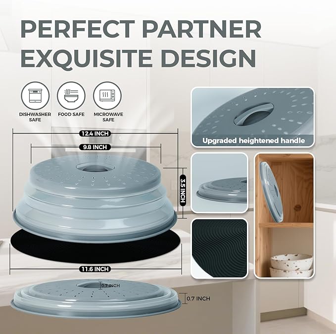 12" Large Microwave Splatter Cover & Silicone Mat, Foldable Food Cover and Raised Handle, BPA-Free Splatter Guard Lid, Multi-Purpose Heat-Resistant Mat for Pots,and Kitchen