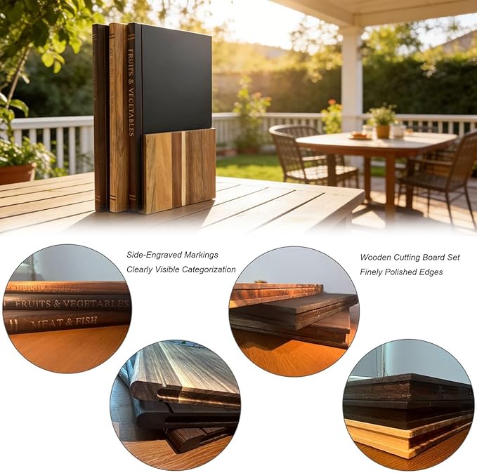 Bamboo Cutting Boards Set of 3 Book Chopping Board with Wood Storage Stand, 0.8in Serving Board Lightweight Butcher Block for Kitchen, Dishwasher safe