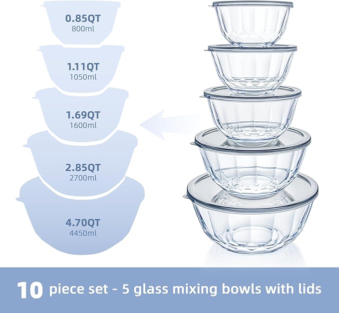 WhiteRhino Glass Mixing Bowls with Lids Set of 5（4.70QT,2.85QT, 1.69QT,1.11QT,0.85QT,Glass Bowls with Lids,Large Salad Bowls Space-Saving Nesting for Cooking,Baking,Prepping,Dishwasher Safe