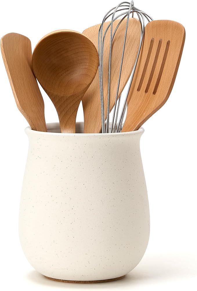 Utensil Holder for Kitchen Counter, Modern Nordic Boho Style Cooking Utensil Holder and Crock Home Kitchen Decor, Ceramic Utensil Organizer for Spatula, Ladle, Eggbeater, Rolling Pin- White