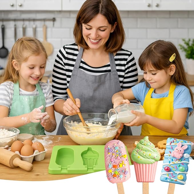 Juome Cake Pop Mold Kit, 2 Pack 6 Cavities Cakesicle Molds Silicone with 100 Wooden Sticks & 100 Packaging Bags with Ties, Cake Pop Maker Supplies Accessories, Baking Tools for Home Baking Desserts