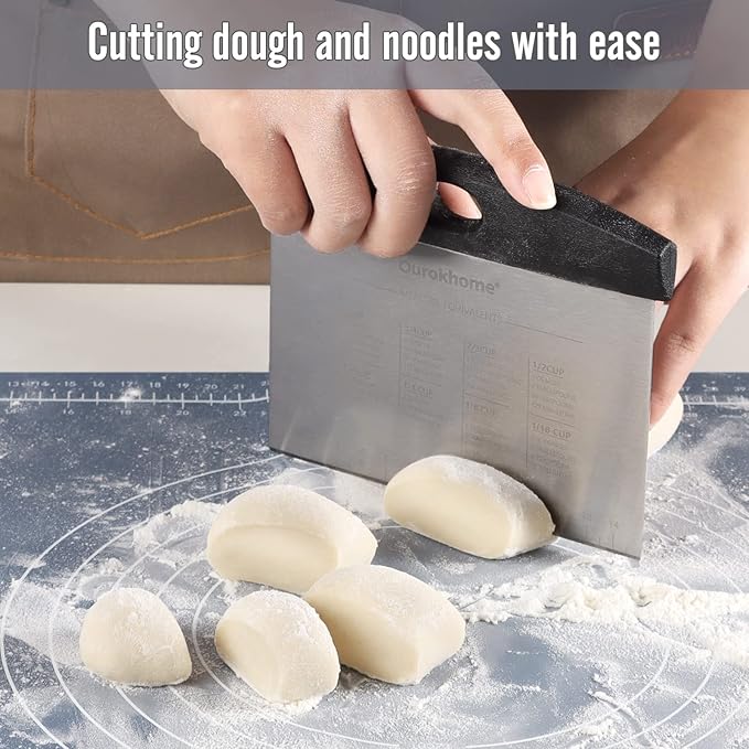 Silicone Baking Mat and Pastry Scraper, Ourokhome Dough Kneading Mat with Measurement and Conversion Chart, Ourokhome Stainless Steel Pizza Cutter for Kitchen Baking