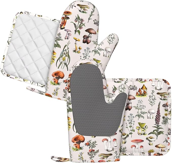 Vintage Botanical Oven Mitts and Pot Holders Set Silicone Heat Resistant Plants Herbs Mushroom Kitchen Gloves Set Nature Floral Kitchen Mittens Pot Holders for BBQ Cooking Baking Grilling